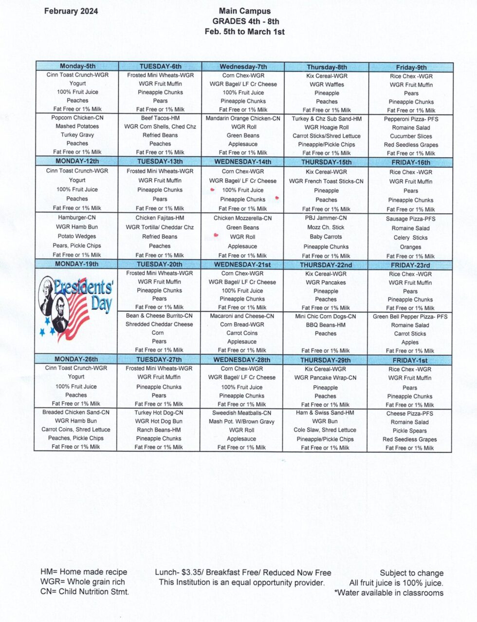 Lunch Menu - Acorn Montessori School